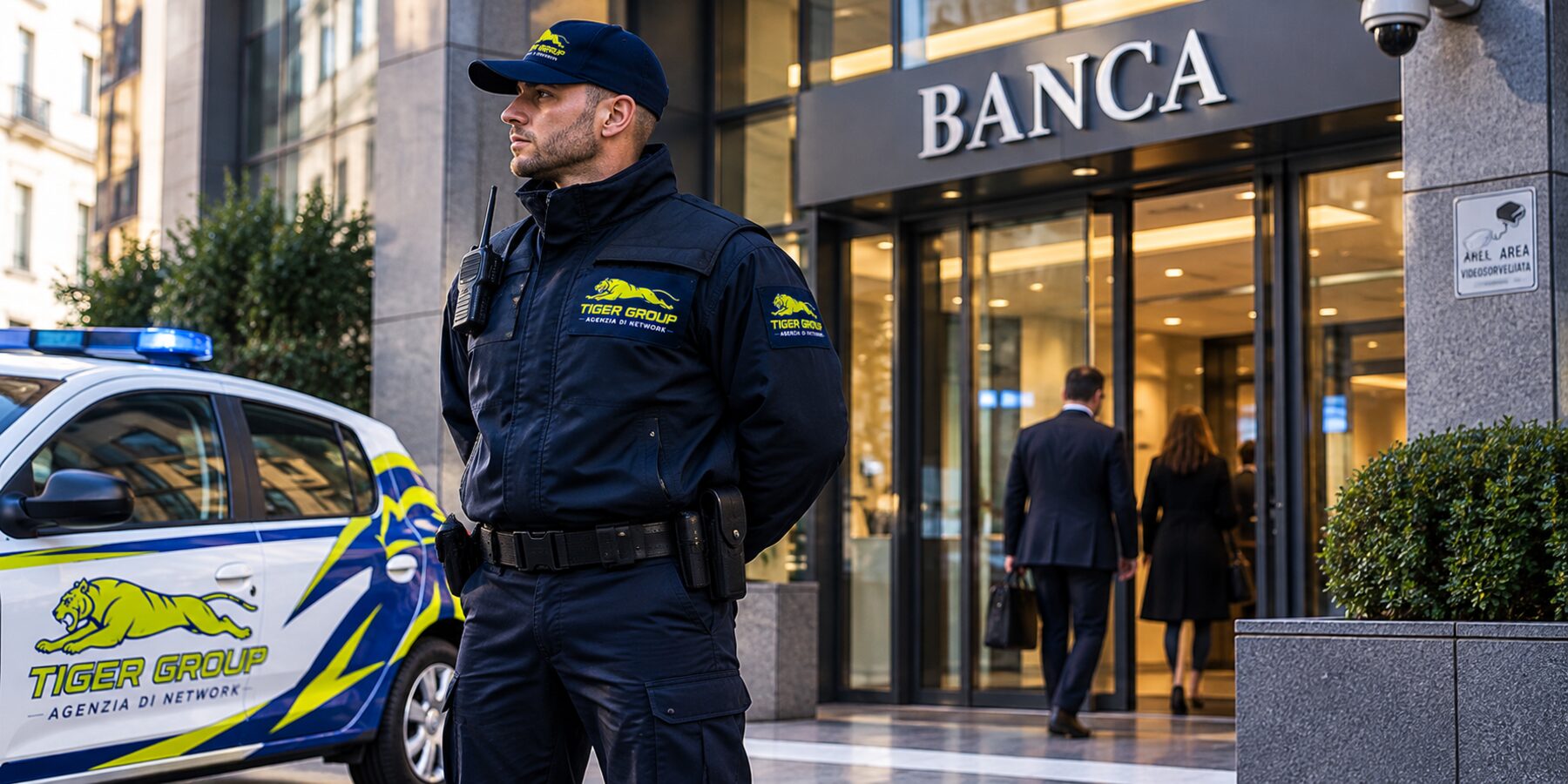 Operatore Tiger Group davanti all'ingresso di una banca