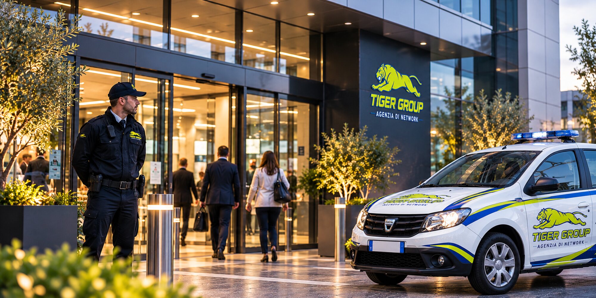 Operatore Tiger Group all'ingresso di un edificio direzionale con l'auto di servizio Tiger Group