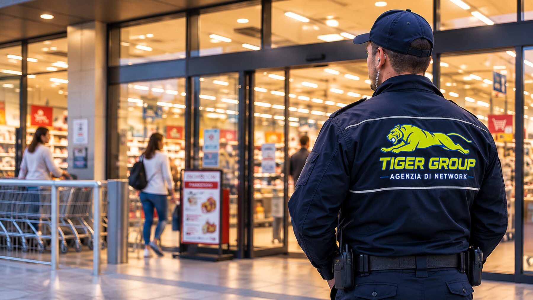 Operatore Tiger Group di spalle all'ingresso di un supermercato