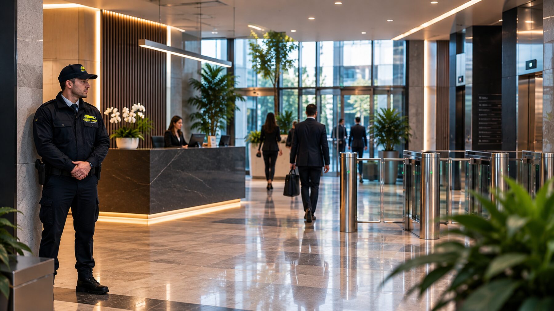 Operatore Tiger Group presidia la hall di un edificio direzionale