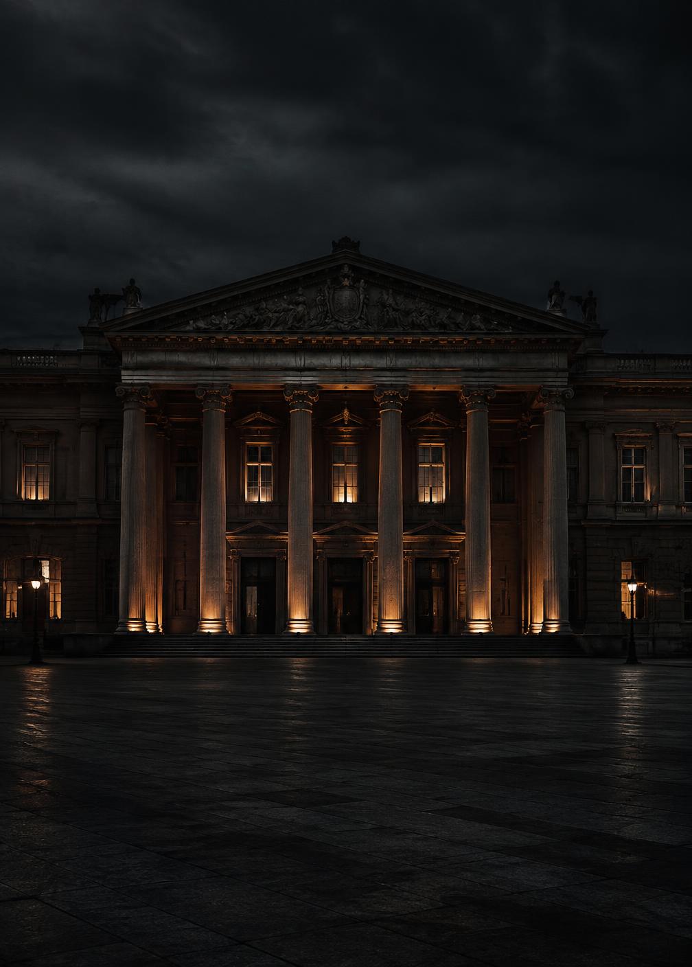 Edificio istituzionale con colonnato illuminato di notte